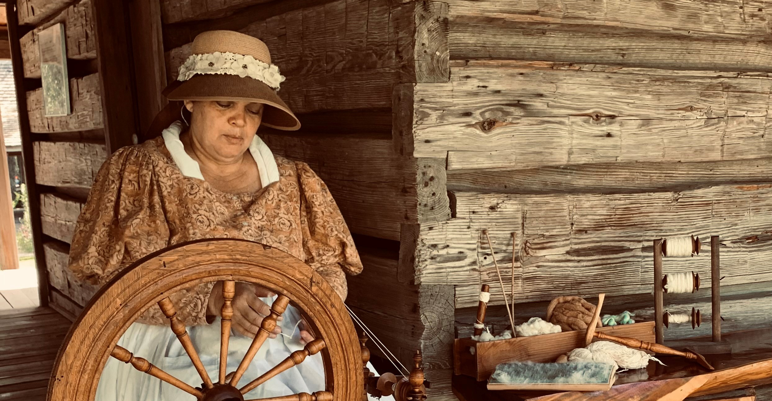 Joy spinning at Bear Bend Cabin July 2021